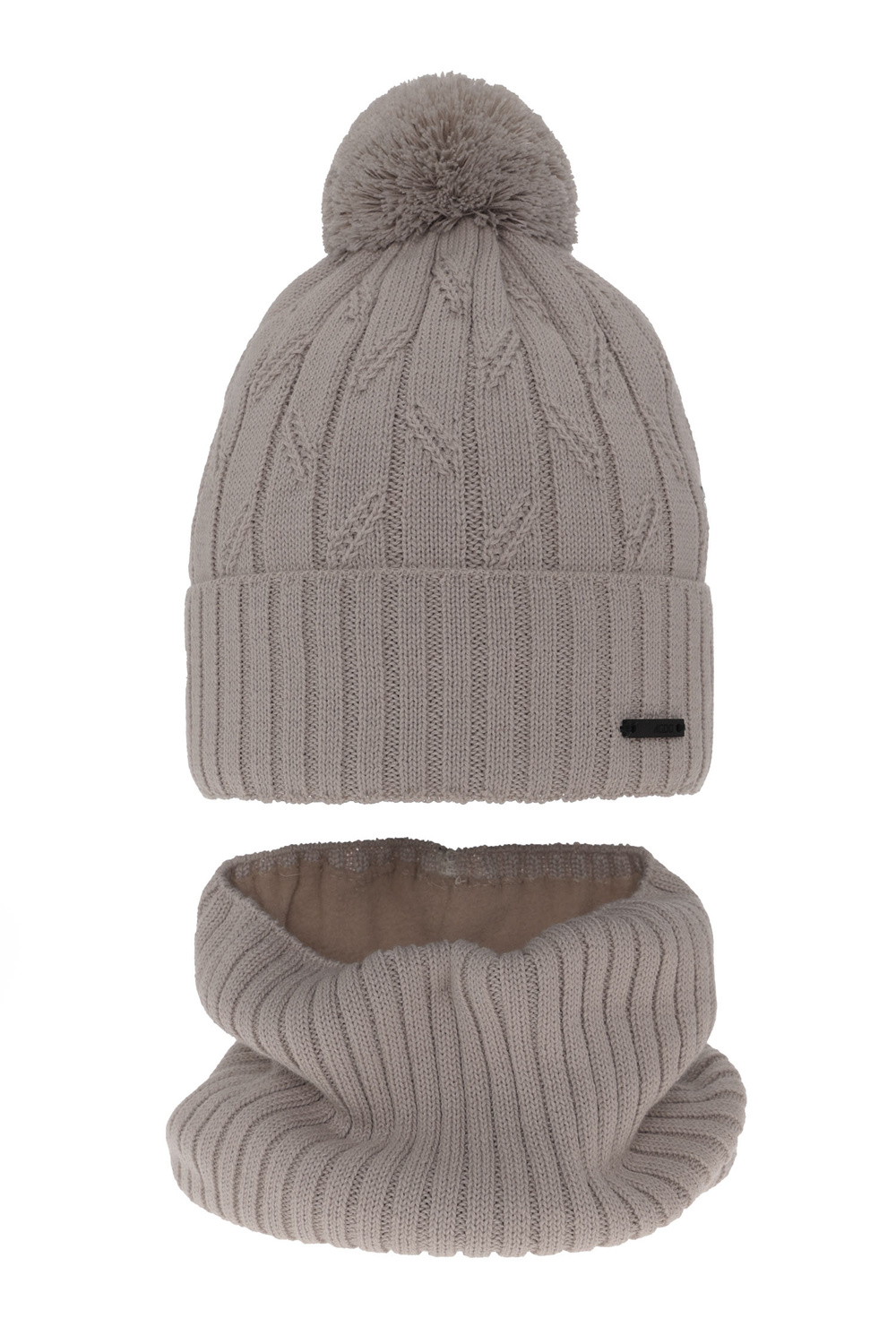 Pojke vinter set: mössa och tubhalsduk, beige, med pompom, med merinull, Talar