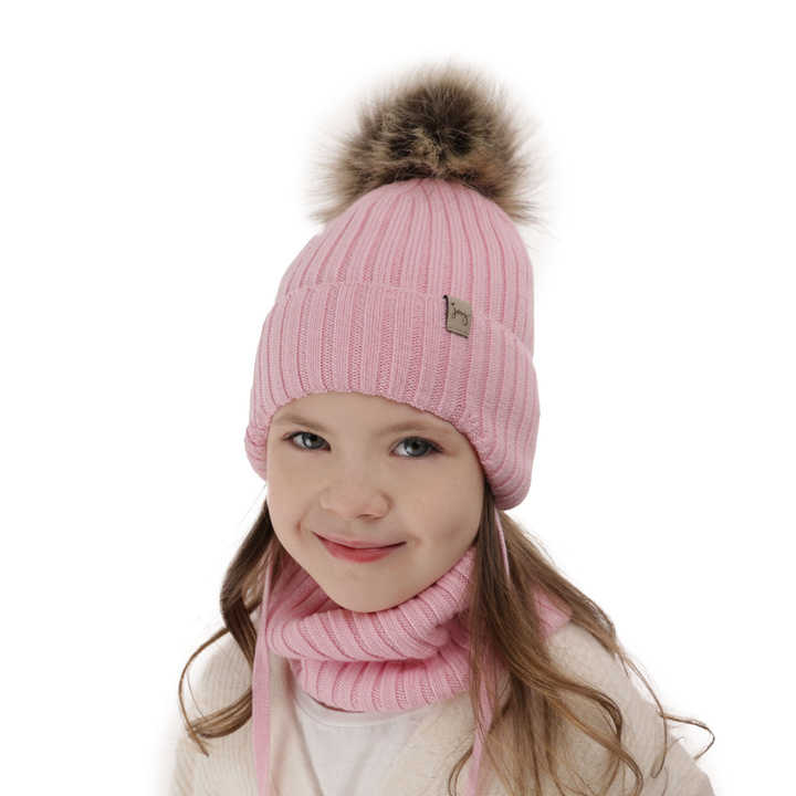 Flicka vinter set: mössa och halsduk, rosa, med knytband, 100% Merino Ull, Junika