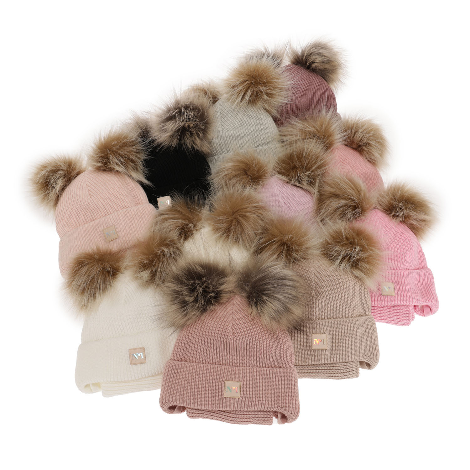 Flicka vinter set: mössa och tubhalsduk, beige, med två pompommar, knytband, Kiara