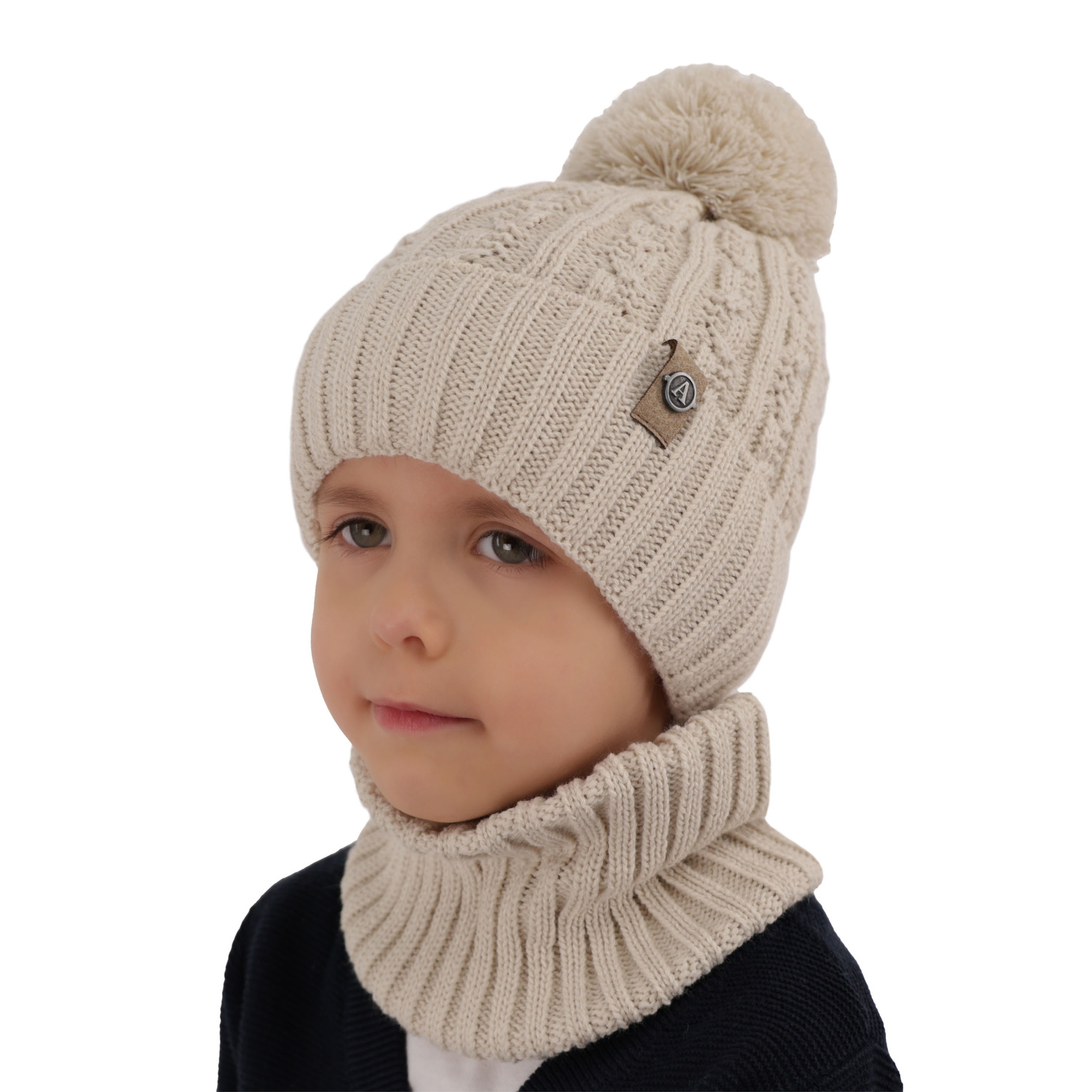 Pojke vinter set: mössa och halsduk, camel, med pompom, Almond