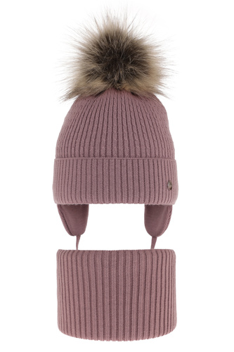 Flicka vinter set: mössa och tubhalsduk, lila, med knytband, med pompom, Debra