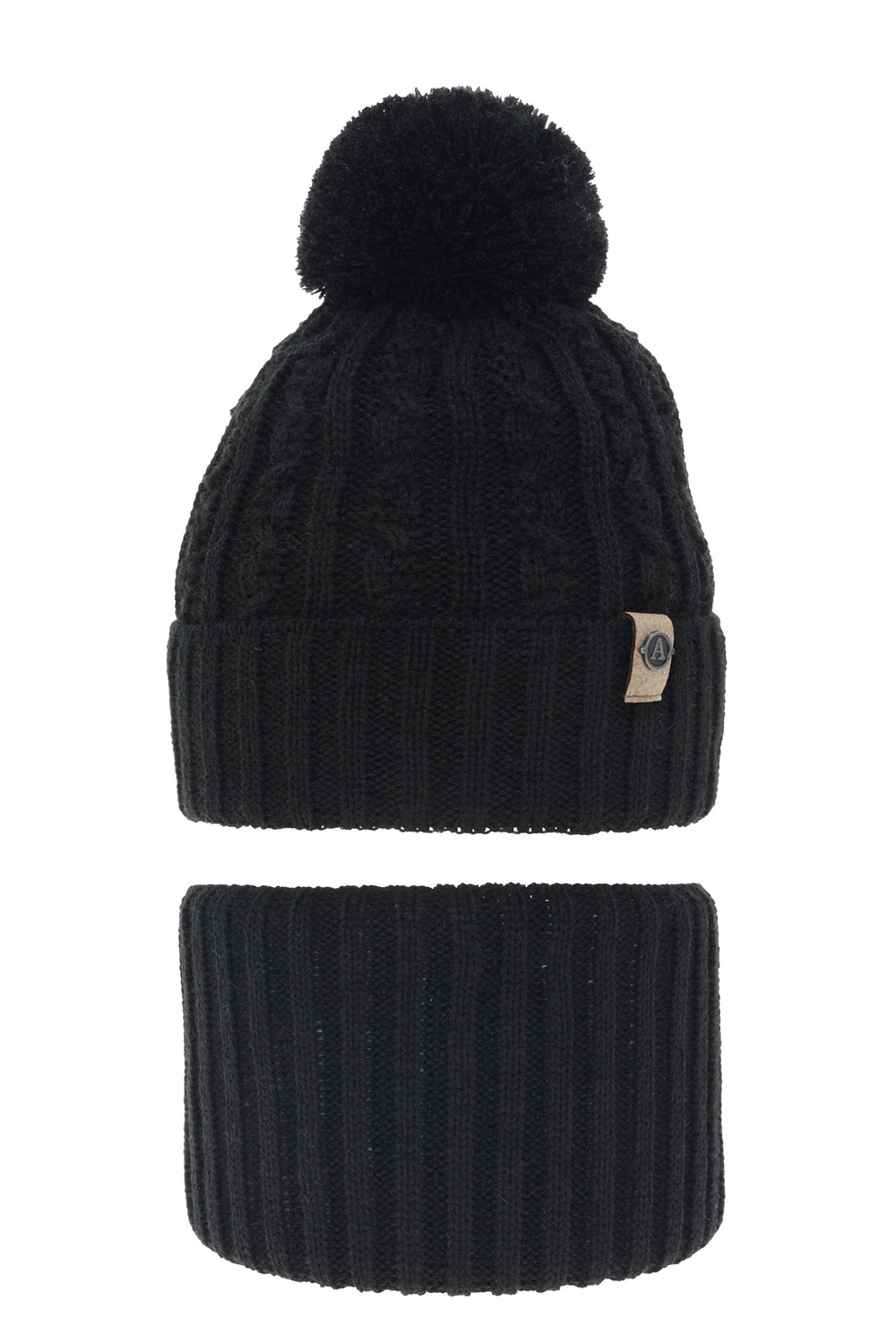 Pojke vinter set: mössa och tubhalsduk, svart, med pompom, Almond