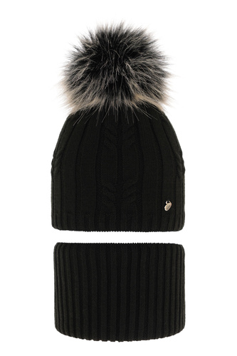 Flicka vinter set: mössa och tubhalsduk, svart, med pompom, Amaltea