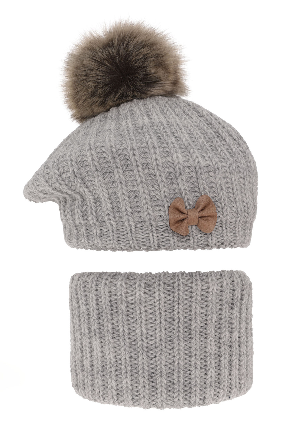 Flicka vinter set: mössa och tubhalsduk, grå, med pompom, Polinezja