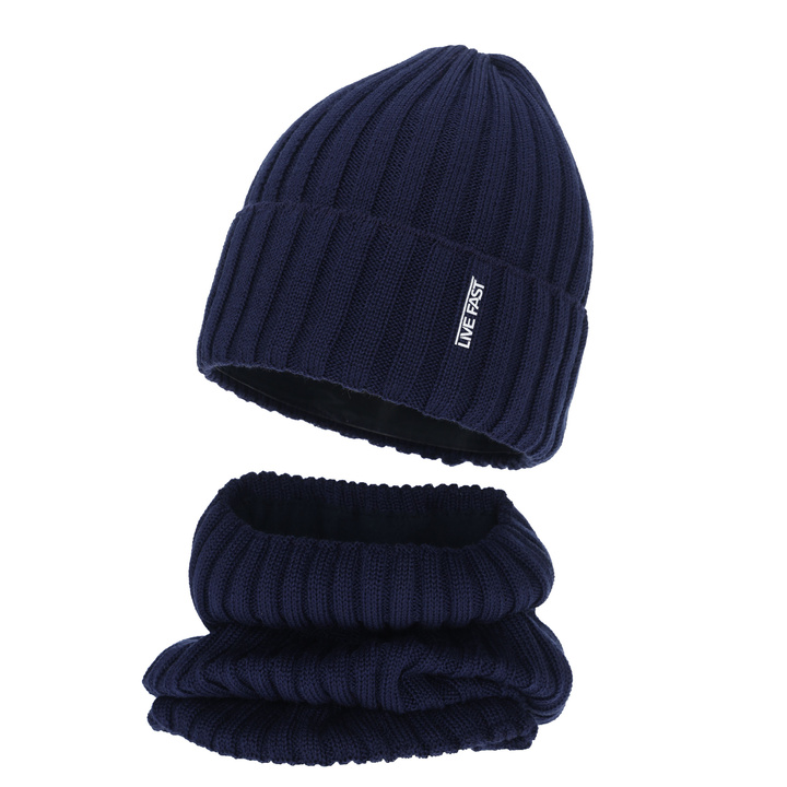 Pojke vinter set: mössa och tubhalsduk, marinblå, med merinull, fodrad med fleece, Banasko