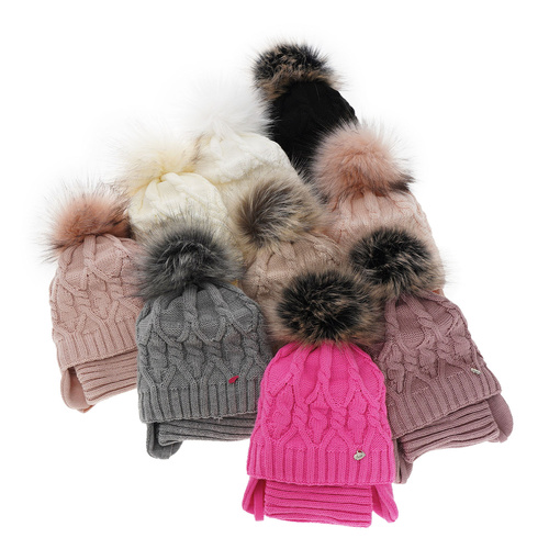 Flicka vinter set: mössa och halsduk, kremowy, med pompom, Elena
