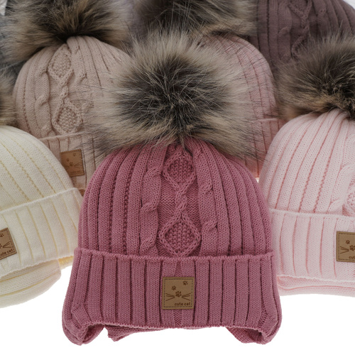 Flicka vinter set: mössa och halsduk, krem, med pompom, Aida