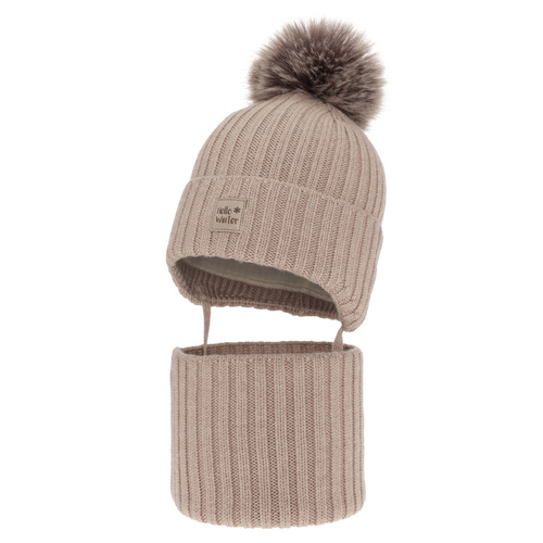 Pojke vinter set: mössa och tubhalsduk, beige, 100% Merino Ull, fodrad med bomull, Morti