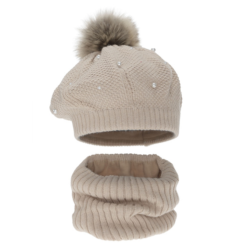 Flicka vinter set: basker och tubhalsduk, beige, fodrad med fleece, med pompom, Jeanette