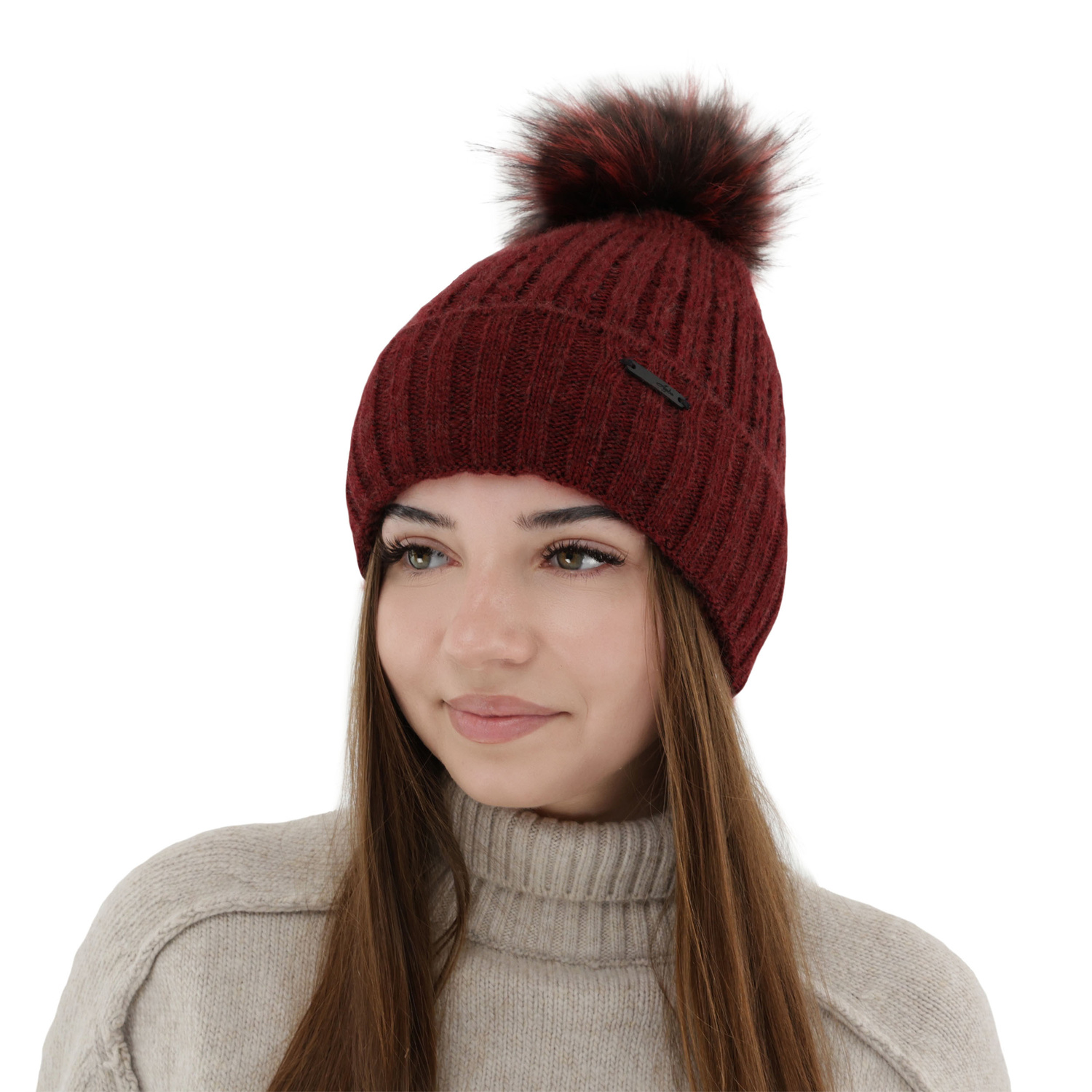 Dam vintermössa, beige, med pompom, Karizma