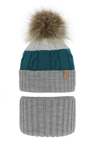 Flicka vinter set: mössa och halsduk, grå, med pompom, Karmelita