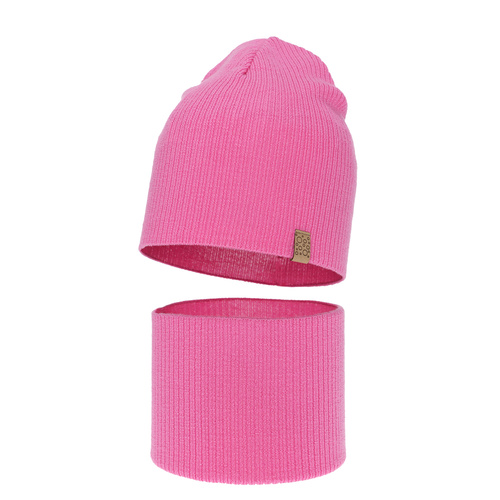 Flicka höst/vår set: mössa och tubhalsduk, rosa, 100% Merino Ull, Ricona