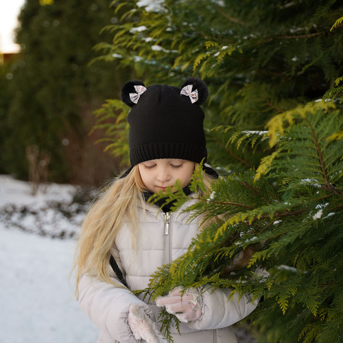 Flicka vinter set: mössa och tubhalsduk, svart, med två pompommar, knytband, Lilo