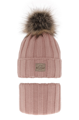 Flicka vinter set: mössa och tubhalsduk, rosa, med pompom, Kaliope
