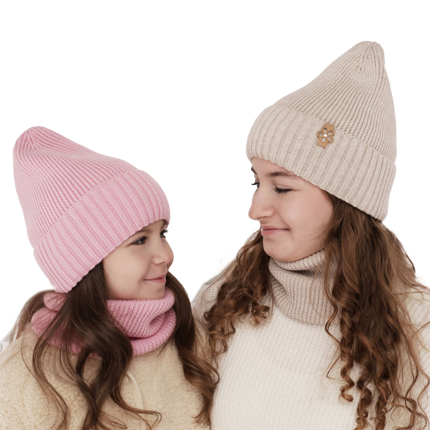 Flicka vinter set: mössa och tubhalsduk, beige, 100% Merino Ull, Nelita