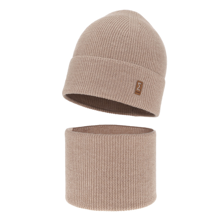 Pojke höst/vår set: mössa och tubhalsduk, beige, 100% Merino Ull, Bruce