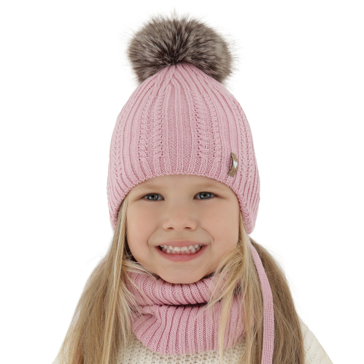 Flicka vinter set: mössa och halsduk, rosa, med merinull, med pompom, wiązany, Muanda