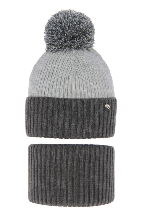 Flicka vinter set: mössa och halsduk, grå, med pompom, Kolumbina