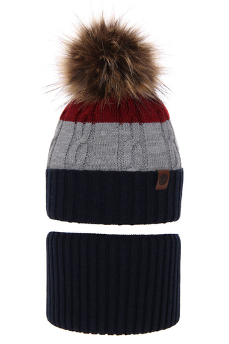 Pojke vinter set: mössa och halsduk, granatowy, med pompom, Karmel