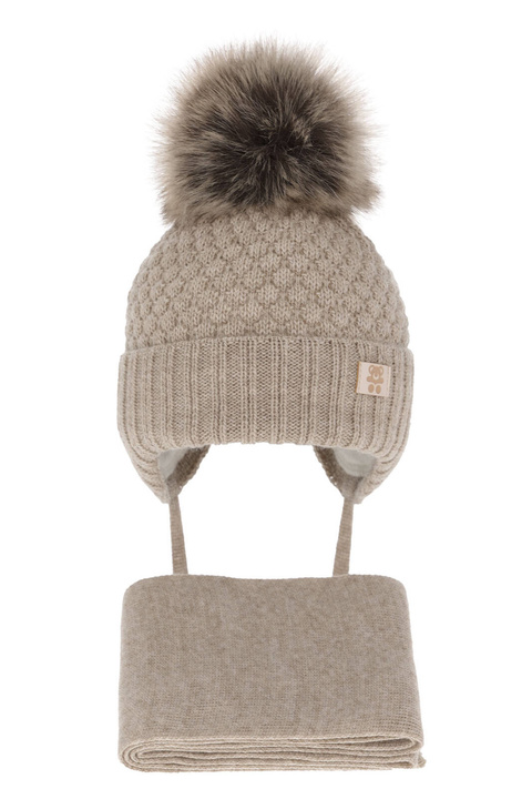 Pojke vinter set: mössa och halsduk, beige, med pompom, Norberto