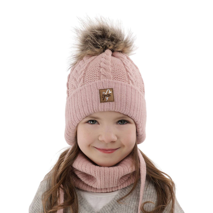 Flicka vinter set: mössa och tubhalsduk, rosa, med knytband, med pompom, Finess