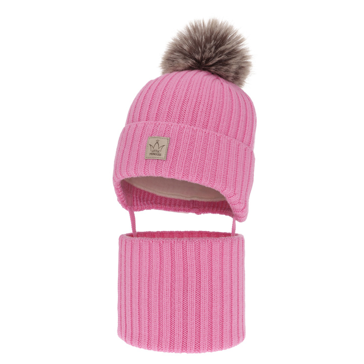 Flicka vinter set: mössa och tubhalsduk, rosa, med 100% Merino Ull, fodrad med ylle, Martina