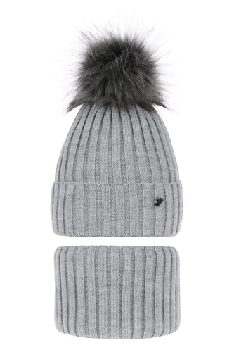 Flicka vinter set: mössa och tubhalsduk, grå, med pompom, Wilma