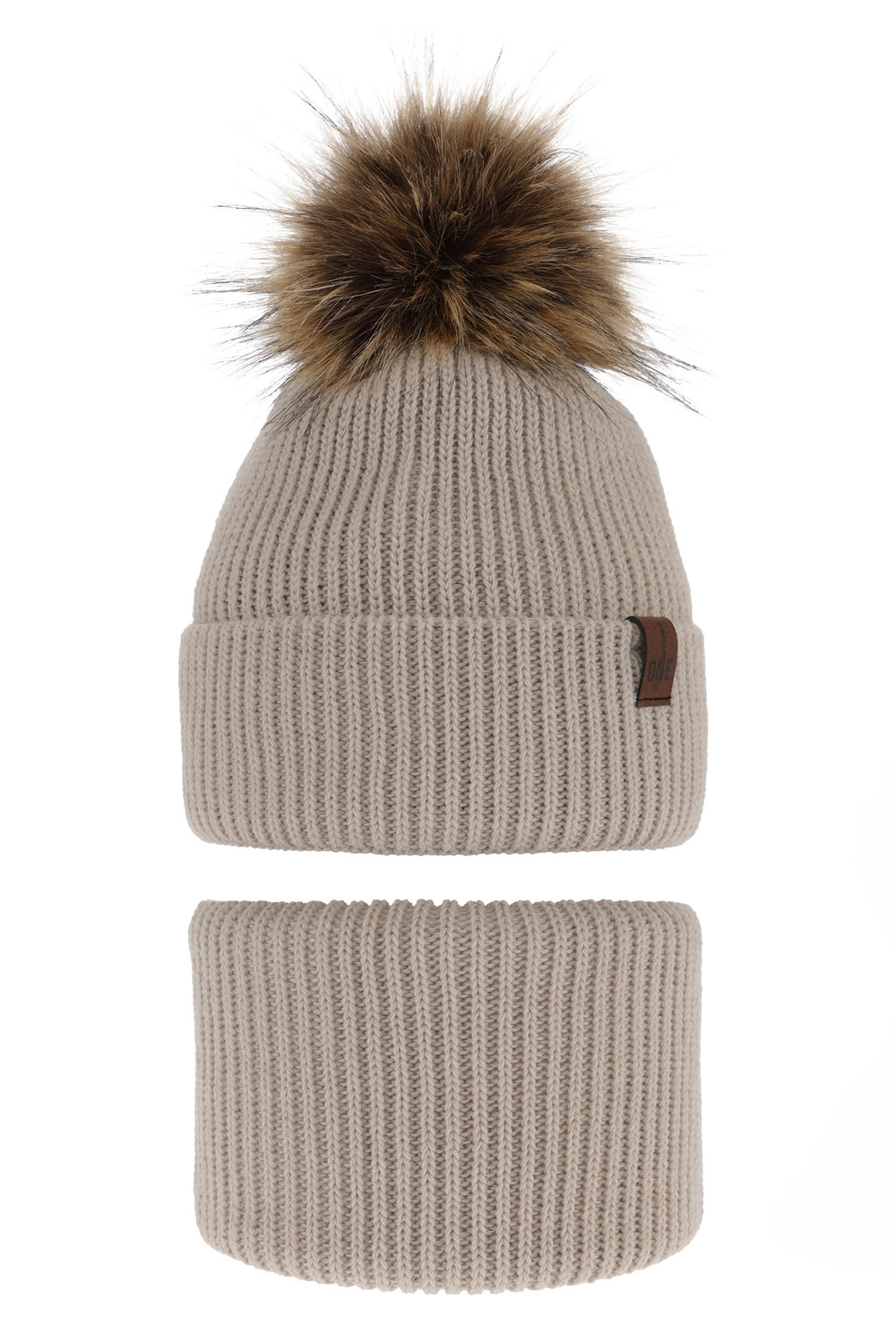 Pojke vinter set: mössa och halsduk, beige, med pompom, Modus