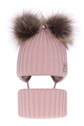 Flicka vinter set: mössa och tubhalsduk, rosa, med två pompommar, knytband, Telisa