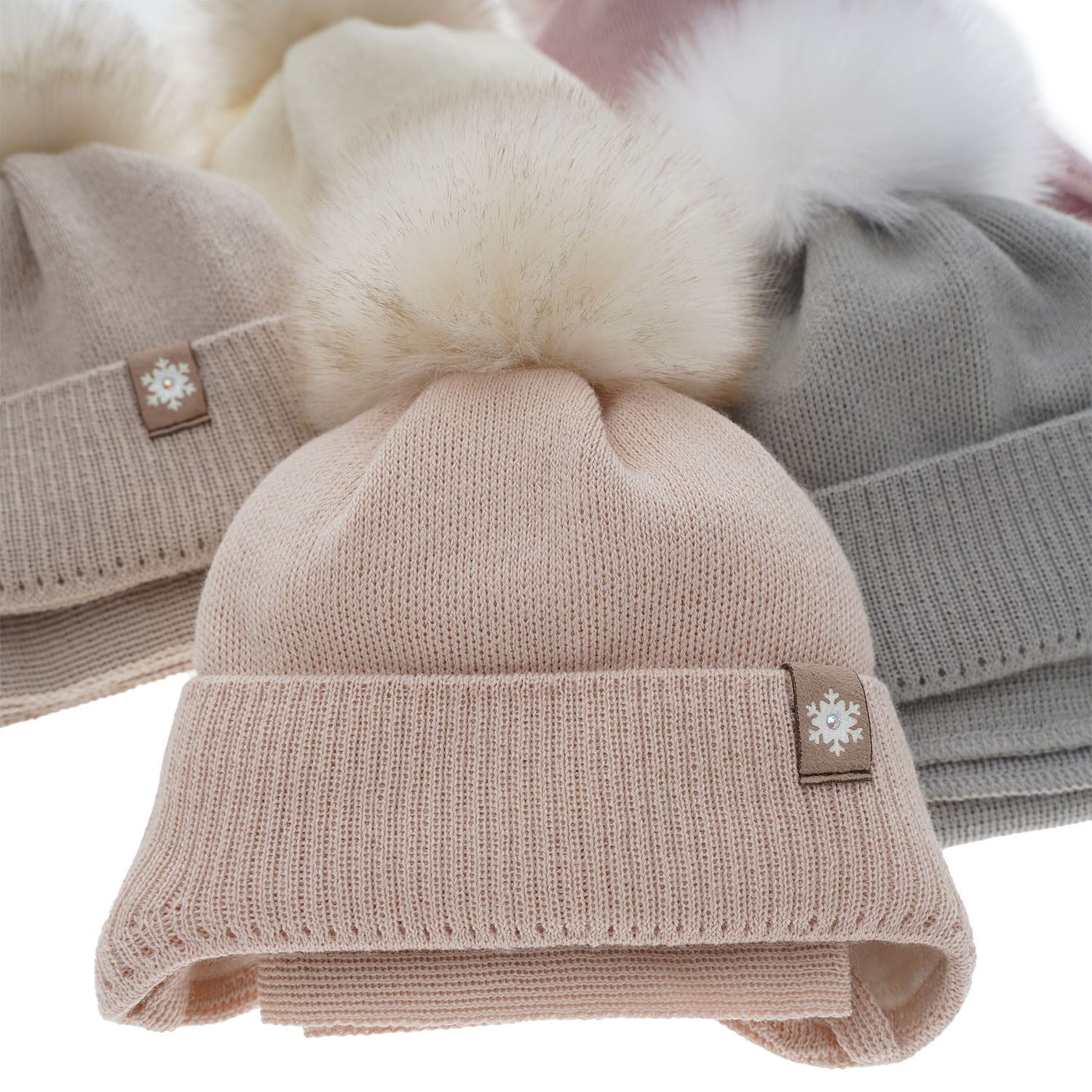 Flicka vinter set: mössa och halsduk, beige, med knytband, med pompom, med merinull, Arika