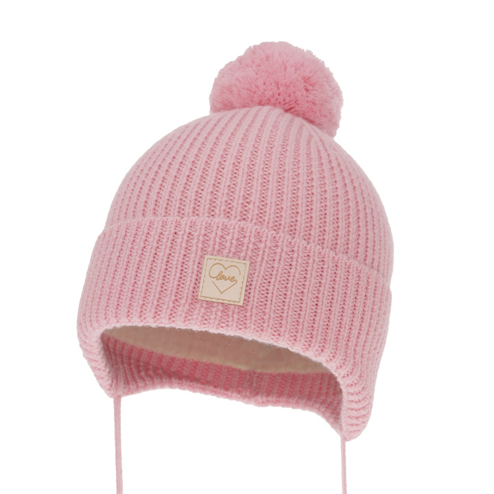 Flicka vintermössa, rosa, med knytband, 100% Merino Ull, Fodrad med bomull, Hakkari