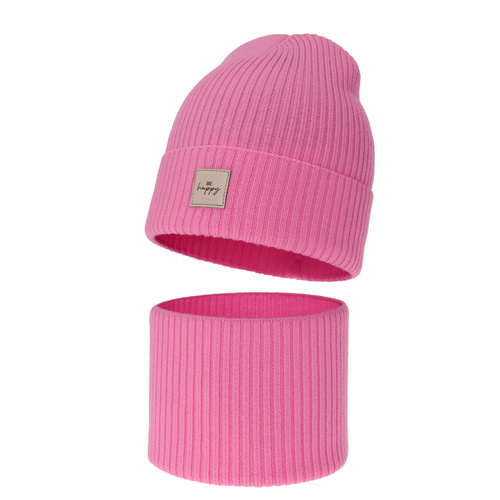 Flicka höst/vår set: mössa och tubhalsduk, rosa, 100% Merino Ull, Vanita