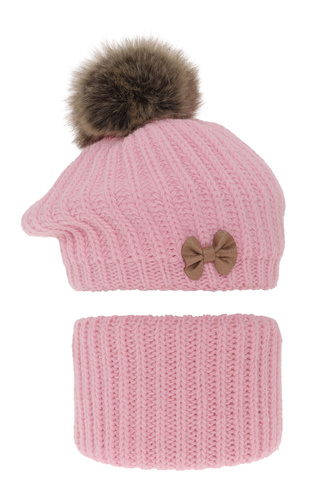 Flicka vinter set: beret och tubhalsduk, rosa, med pompom, Polinezja