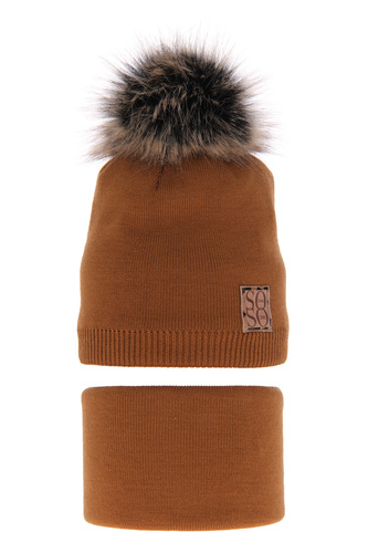 Flicka vinter set: mössa och tubhalsduk, camel, med pompom, Apolinka