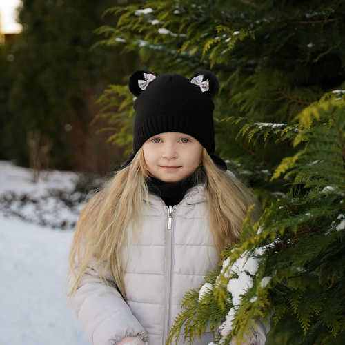 Flicka vinter set: mössa och tubhalsduk, grå, med två pompommar, knytband, Lilo