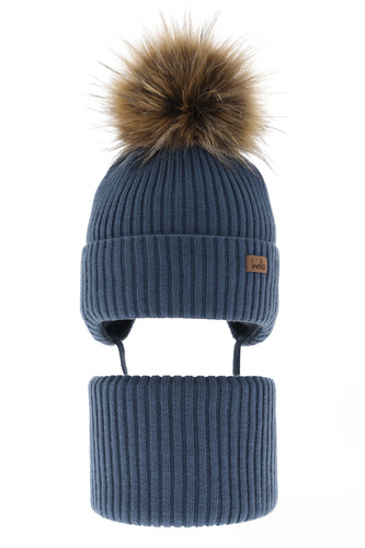 Pojke vinter set: mössa och halsduk, blå, med pompom, Bergo
