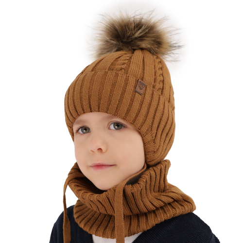 Pojke vinter set: mössa och tubhalsduk, camel, med pompom, Peter
