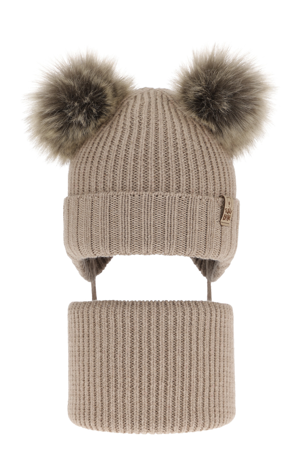 Pojke vinter set: mössa och tubhalsduk, beige, med knytband, 100% Merino Ull, Konor