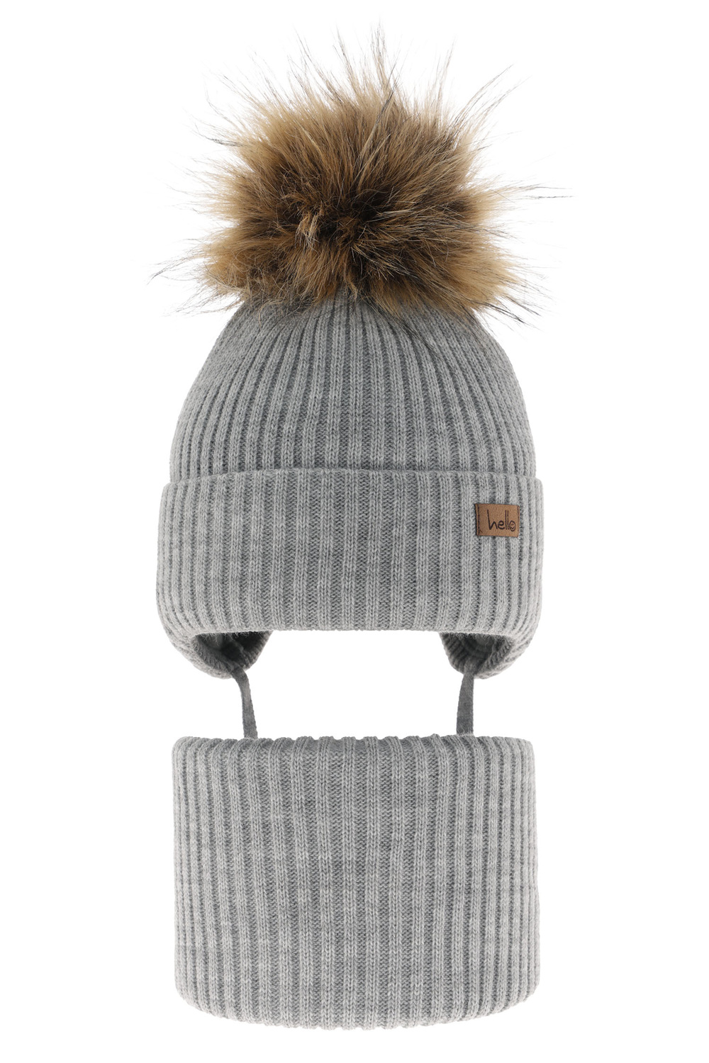 Pojke vinter set: mössa och tubhalsduk, grå, med pompom, med knytband, Bergo