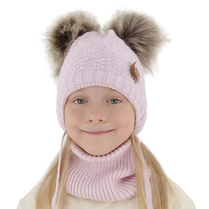 Flicka vinter set: mössa och halsduk, lila, med två pompommar, wiązany Bettina