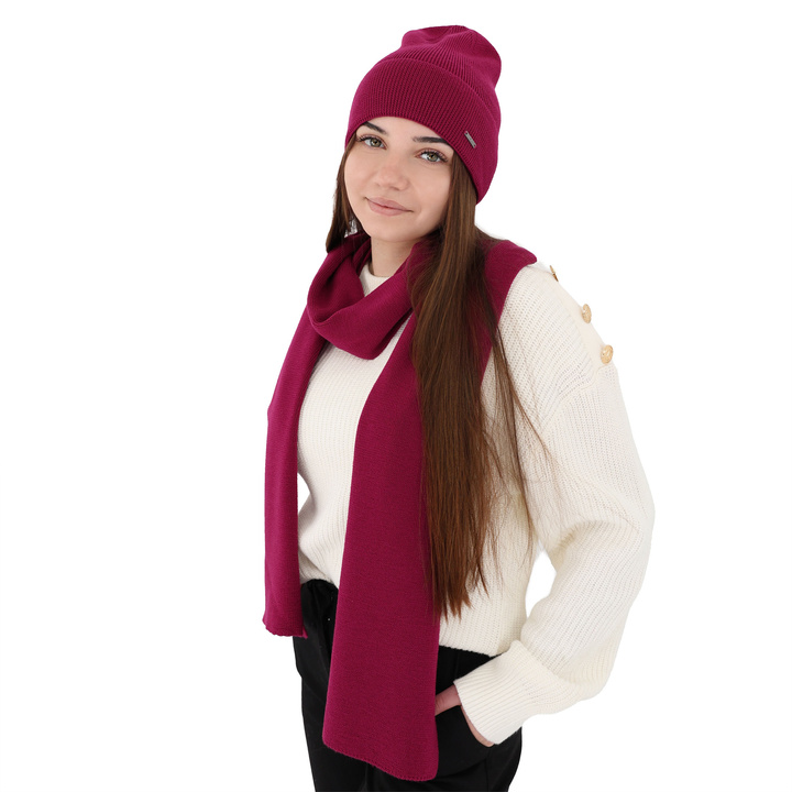 Dam vinter set: mössa och halsduk, rosa, 100% Merino Ull, Melpomena