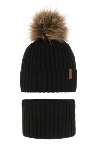Pojke vinter set: mössa och halsduk, svart, med pompom, Onyks