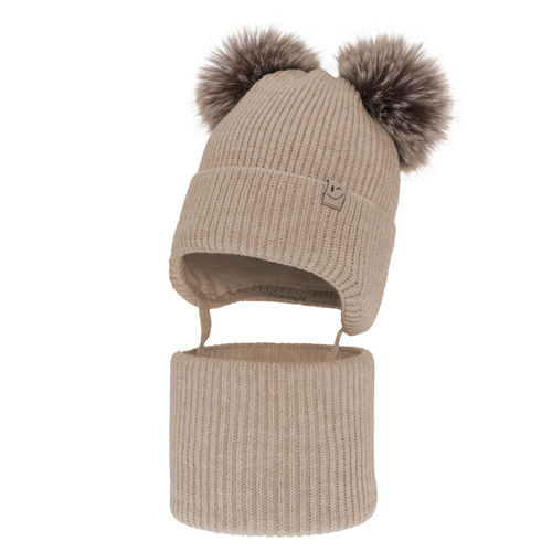 Flicka vinter set: mössa och tubhalsduk, beige, med två pompommar, med knytband, Zori