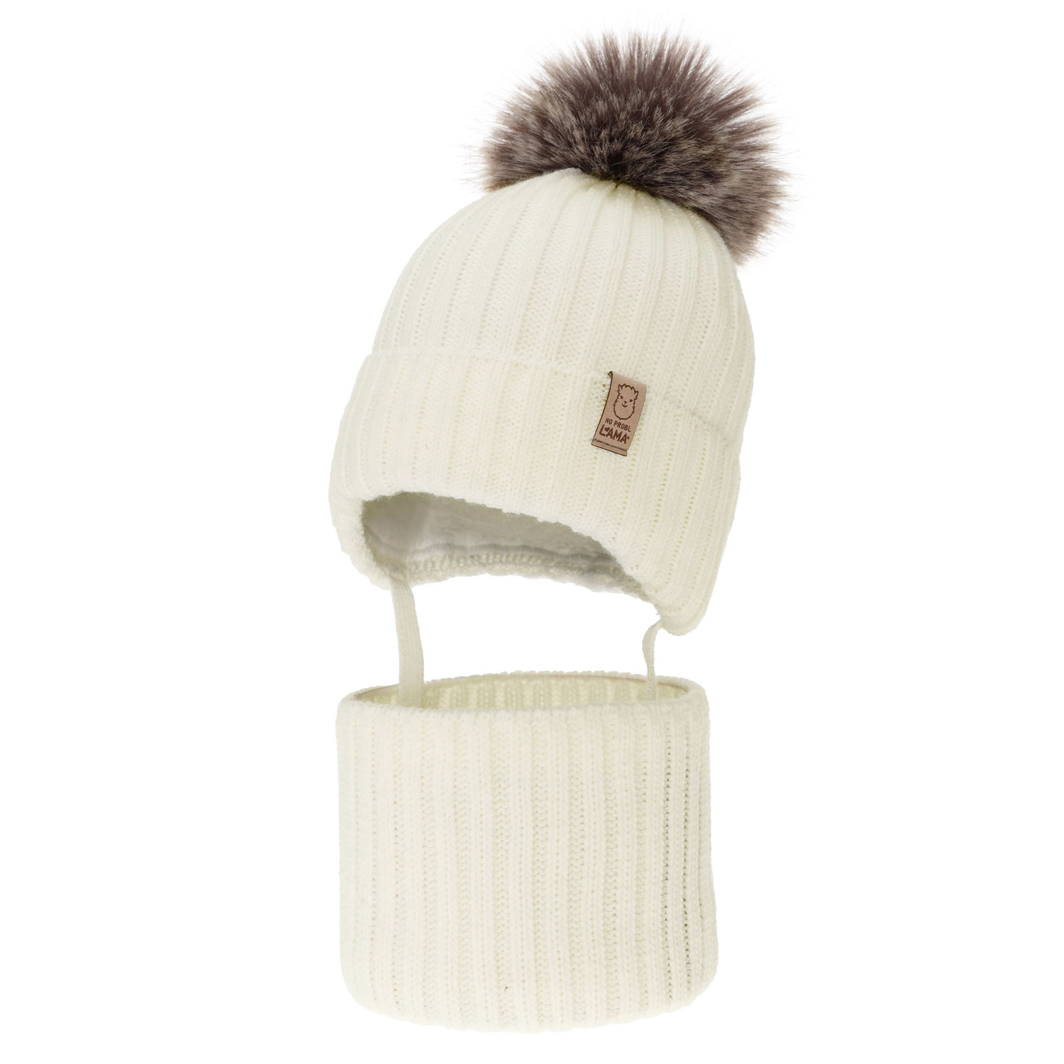 Flicka vinter set: mössa och tubhalsduk, creme, med pompom, Abigail