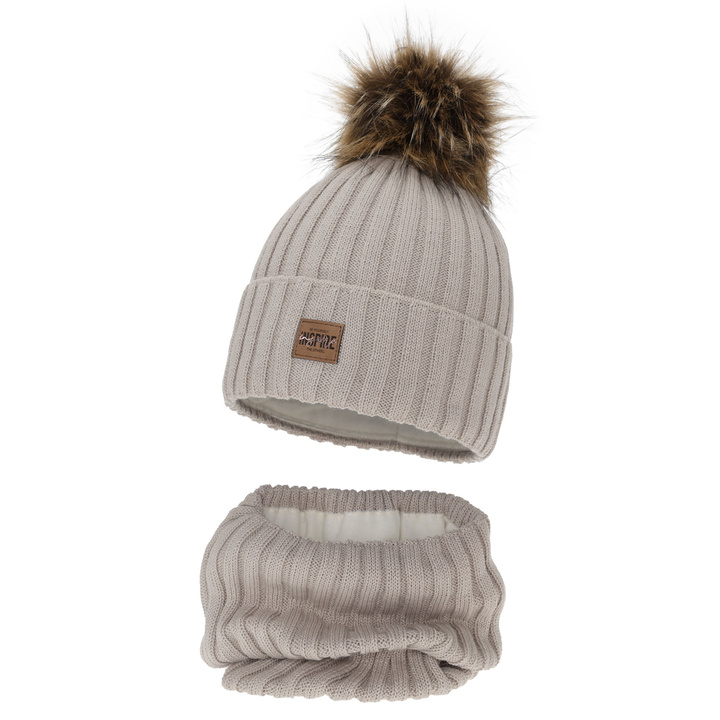 Flicka vinter set: mössa och tubhalsduk, beige, fodrad med fleece, med merinull, Bellina