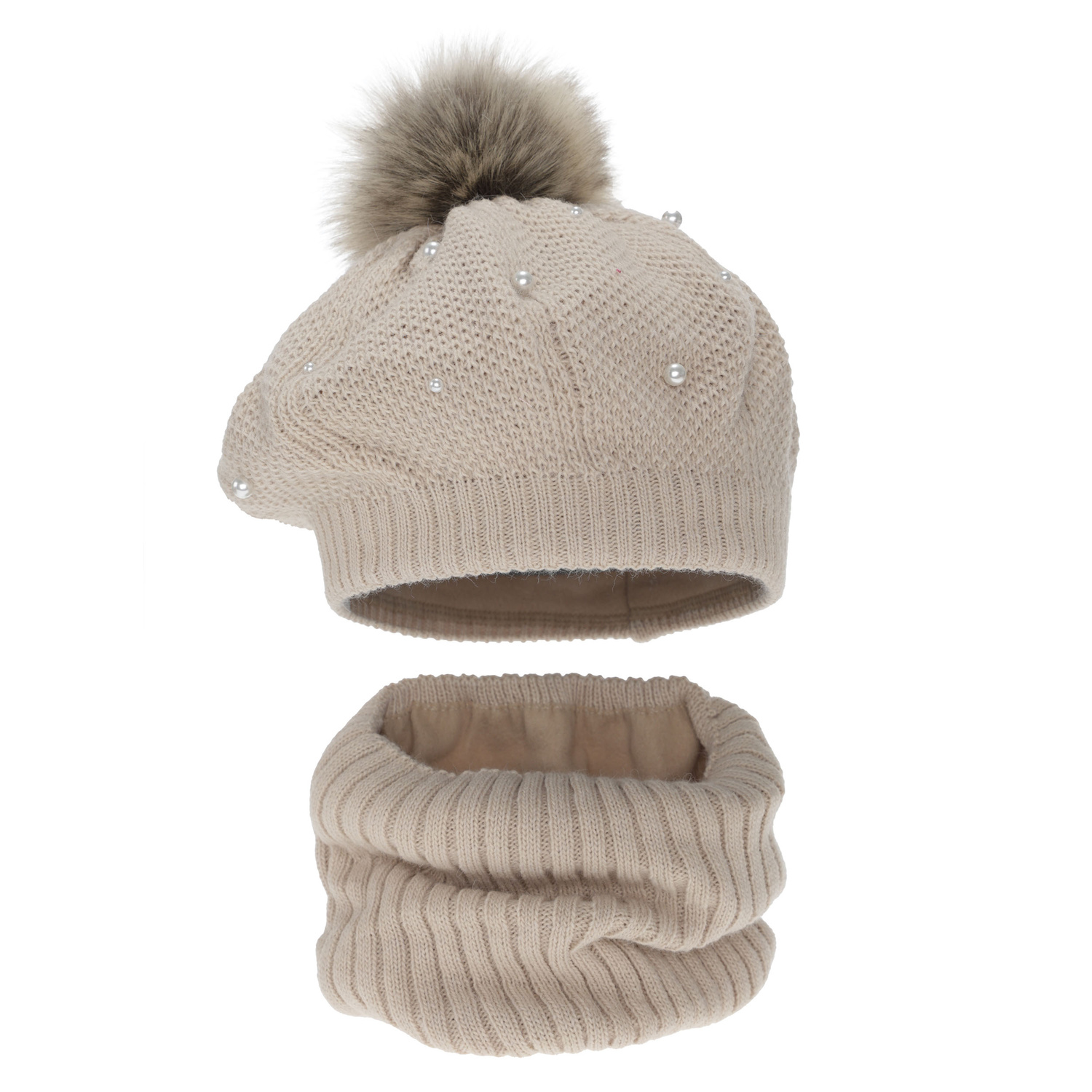 Flicka vinter set: basker och tubhalsduk, beige, fodrad med fleece, med pompom, Jeanette