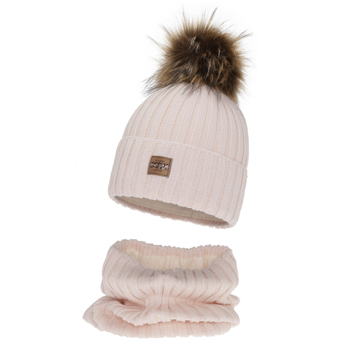 Flicka vinter set: mössa och tubhalsduk, ljusrosa, fodrad med fleece, med merinull, Bellina