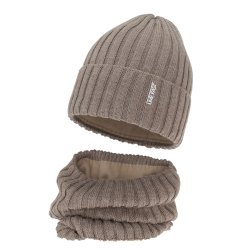 Pojke vinter set: mössa och tubhalsduk, beżowy, med merinull, fodrad med fleece, Banasko