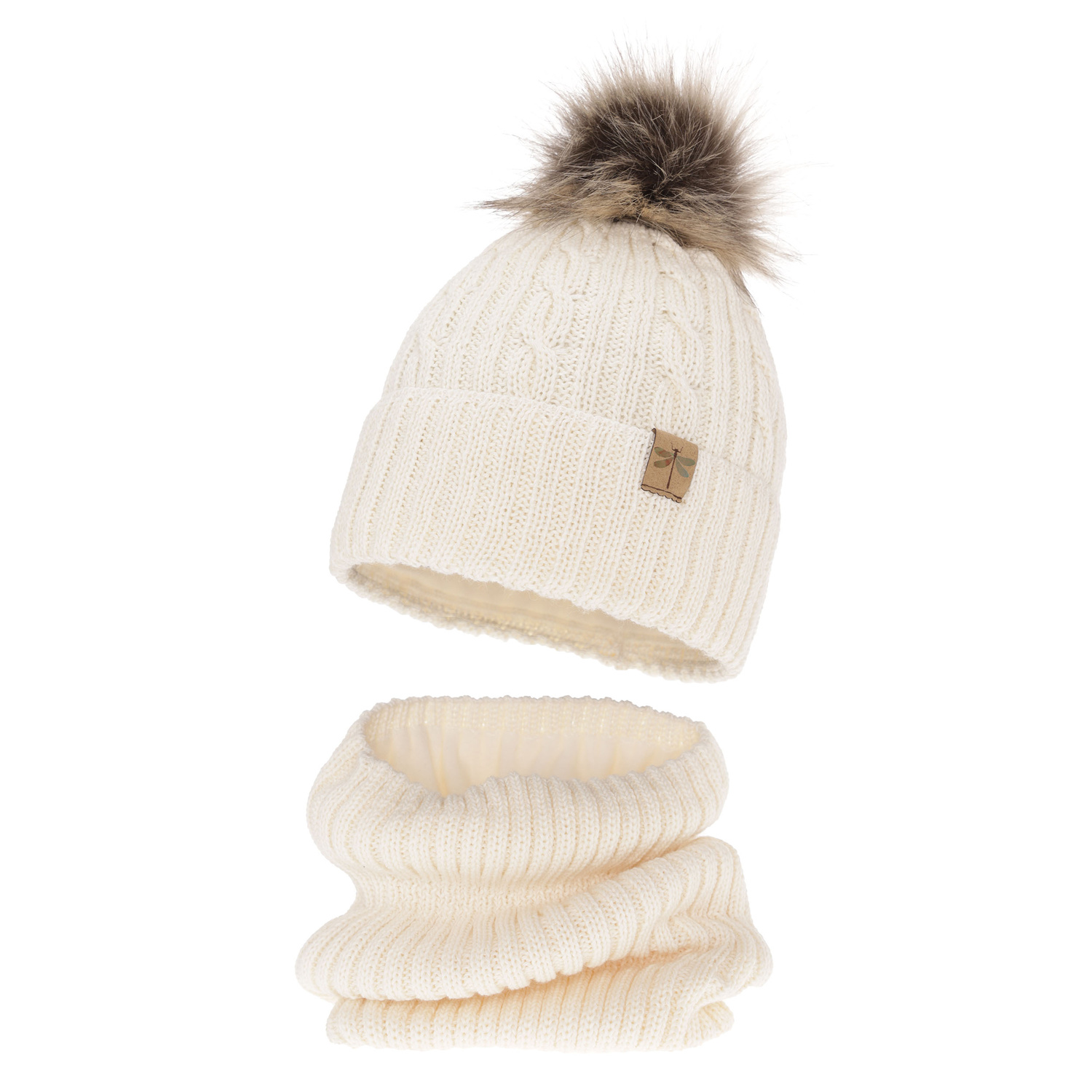 Flicka vinter set: mössa och tubhalsduk, kremowy, med pompom, med merinull, Aprilia