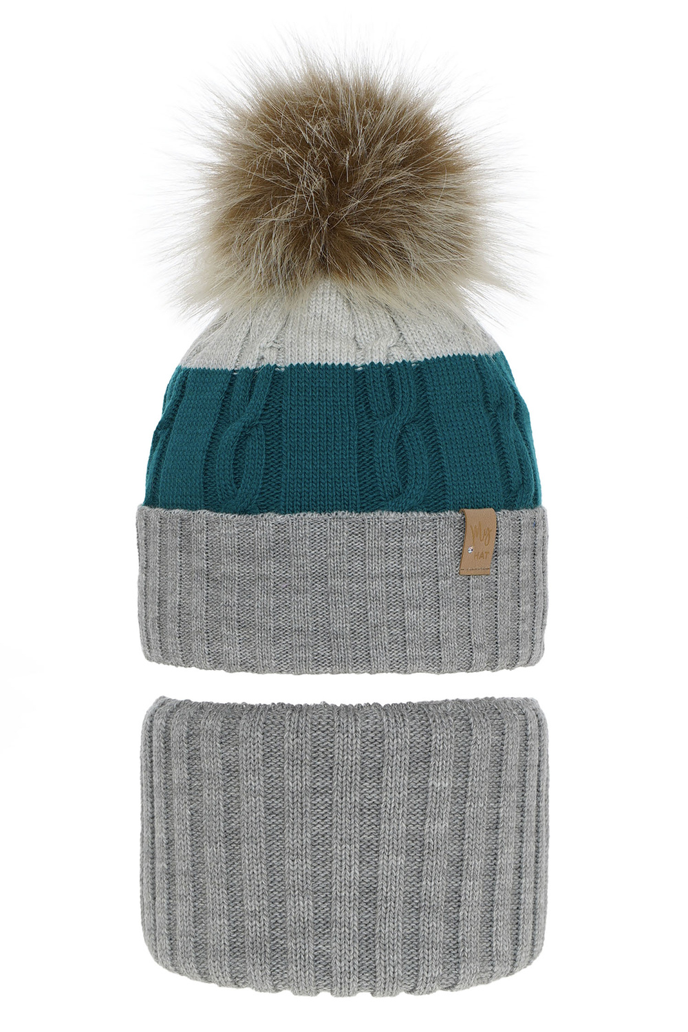 Flicka vinter set: mössa och halsduk, grå, med pompom, Karmelita